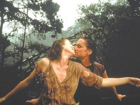 Romancing the Stone stars Michael Douglas and Kathleen Turner.