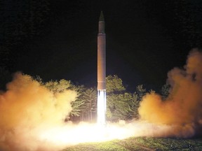 This July 28, 2017, file photo distributed by the North Korean government shows what was said to be the launch of a Hwasong-14 intercontinental ballistic missile at an undisclosed location in North Korea. (Korean Central News Agency/Korea News Service via AP, File)