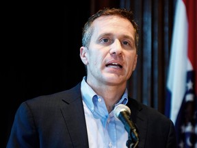 In this April 11, 2018, file photo, Missouri Gov. Eric Greitens speaks at a news conference in Jefferson City, Mo., about allegations related to his extramarital affair with his hairdresser. (Julie Smith /The Jefferson City News-Tribune via AP, File)