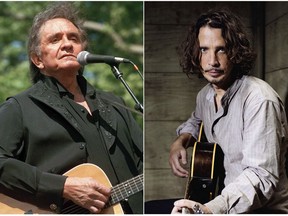 In this combination photo, Johnny Cash performs at a benefit concert in Central Park in New York on May 23, 1993, left, and Chris Cornell plays guitar during a portrait session at The Paramount Ranch in Agoura Hills, Calif., on July 29, 2015. Cornell is among the participants in a new album of songs, "Johnny Cash: Forever Words", inspired by Johnny Cash's leftover writing projects. (AP Photo/Joe Tabacca, File)