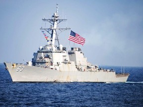 In this March 22, 2017, photo provided by U.S. Navy, U.S. Navy destroyer USS Stethem transits waters east of the Korean Peninsula. (Mass Communication Specialist 3rd Class Kurtis A. Hatcher/U.S. Navy via AP)