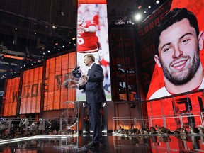 Commissioner Roger Goodell speaks at the podium after the Cleveland Browns selected Oklahoma's Baker Mayfield as their pick during the first round of the NFL football draft, Thursday, April 26, 2018, in Arlington, Texas. (AP Photo/David J. Phillip) ORG XMIT: CBS126