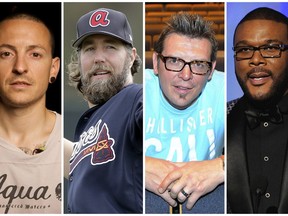 This combination of 2008-2017 photos shows Linkin Park co-lead vocalist Chester Bennington, Atlanta Braves pitcher R.A. Dickey, former NHL star Theo Fleury and film director Tyler Perry. They are among the male celebrities who have disclosed they were victims of sexual abuse. (AP Photo)