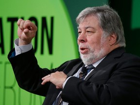 In this July 3, 2017, file photo, Apple co-founder Steve Wozniak gestures as he attends a conference titled 'The Innovation Summit' in Milan, Italy.