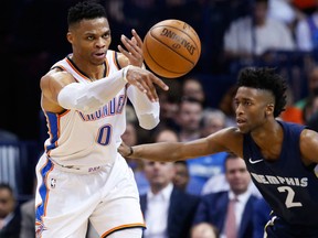 Oklahoma City Thunder guard Russell Westbrook passes the ball in front of Memphis Grizzlies guard Kobi Simmons during NBA action on April 11, 2018