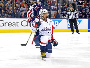 Alex Ovechkin of the Washington Capitals celebrates after scoring a goal during Game 4 against the Columbus Blue Jackets on April 19, 2018