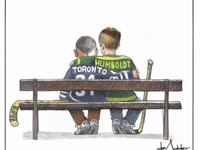 A Halifax-based cartoonist says he was simply trying to bring a bit of positivity to a horrible situation when he illustrated an image that has since garnered national attention for it's depiction of the recent tragedies in Toronto and Humboldt, Sask.The cartoon published in the aftermath of Monday's van attack in Toronto that killed 10 people and injured 14, shows a view from behind of two young boys in hockey sweaters sitting on a bench with their sticks by their sides.