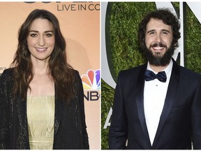 FILE - This combination of file photos shows Sara Bareilles, left, on Feb. 27, 2018 during a press junket for "Jesus Chris Superstar Live in Concert" in New York and Josh Groban arriving at the 71st annual Tony Awards on June 11, 2017, in New York. The pop singers-turned-Broadway-stars will co-host this summer's Tony Awards. The duo take over hosting duties from Kevin Spacey, the disgraced former "House of Cards" actor who played that role on the telecast last year. The Tony Awards will be held at Radio City Music Hall on June 10, 2018, in New York.