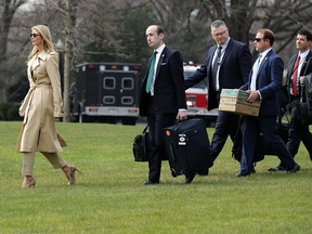 Left to Right:  Ivanka Trump, White House Senior Advisor Stephen Miller, Deputy National Security Advisor Ricky Waddell and Deputy Director of Presidential Advance Jordan Karem walk across the South Lawn before departing the White House with U.S. President Donald Trump March 29, 2018 in Washington, D.C. (Chip Somodevilla/Getty Images)