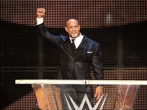 Bill Goldberg acknowledges the cheering crowd following his induction into the World Wrestling Entertainment Hall of Fame on Friday night at the Smoothie King Center during WrestleMania 34 weekend in New Orleans.