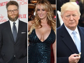 Seth Rogen, Stormy Daniels and U.S. President Donald Trump. (Getty Images)