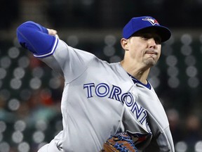 Toronto Blue Jays starting pitcher Aaron Sanchez throws to a Baltimore Orioles batter during the eighth inning April 10, 2018, in Baltimore. (PATRICK SEMANSKY/AP)