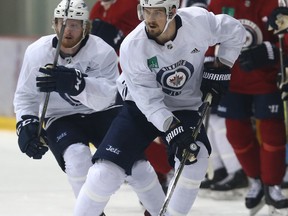 Mark Scheifele carries the puck during Jets practice at Bell MTS Iceplex in Winnipeg on Tuesday. (Kevin King/Winnipeg Sun)