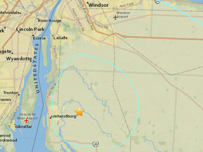 U.S. Geological Survey map pinpoints where a 3.6-magnitude earthquake was centred Thursday night near Amherstburg.