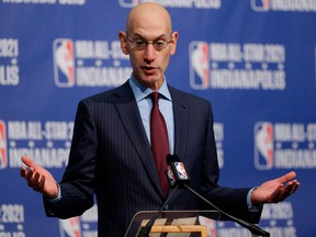 In this Dec. 13, 2017, file photo, NBA Commissioner Adam Silver gestures during a press conference in Indianapolis