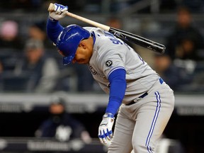 Yangervis Solarte of the Toronto Blue Jays reacts after striking out against the New York Yankees during the fifth inning at Yankee Stadium on April 19, 2018