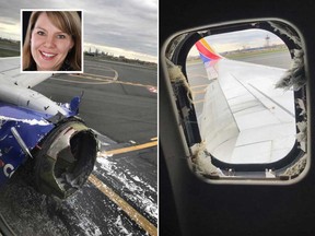These Facebook photos posted by passenger Marty Martinez show engine and window damage to Southwest Airlines Flight 1380 after an emergency landing in Philadelphia on Apr. 17, 2018. Passenger Jennifer Riordan (inset) hit by shrapnel that smashed a window and later died from her injuries.