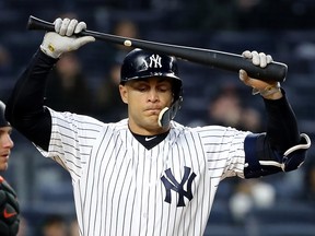 Giancarlo Stanton of the New York Yankees reacts after popping out against the Miami Marlins at Yankee Stadium on April 17, 2018. (Elsa/Getty Images)