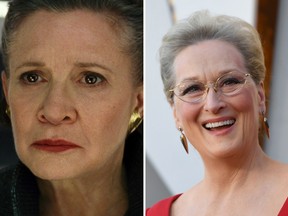 This image released by Lucasfilm shows Carrie Fisher as General Leia in "Star Wars: The Last Jedi," in theaters on Dec. 15. (Lucasfilm via AP) and Actress Meryl Streep arrives for the 90th Annual Academy Awards on March 4, 2018, in Hollywood, California.  / AFP PHOTO / VALERIE MACONVALERIE MACON/AFP/Getty Image