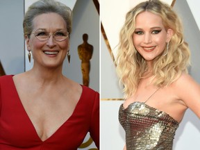 Meryl Streep (left) and Jennifer Lawrence (right) are both owed over $100,000 by The Weinstein Company. (Valerie Macon/AFP/Getty Images/Files)