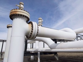 Pipes are seen at the Kinder Morgan Trans Mountain facility in Edmonton, Alta., Thursday, April 6, 2017. Kinder Morgan Canada has asked the National Energy Board to waive an approval condition of the Trans Mountain pipeline expansion because it might delay completion of the project. (THE CANADIAN PRESS/Jonathan Hayward)