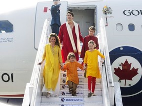 Prime Minister Justin Trudeau and wife Sophie Gregoire Trudeau, and children, Xavier, 10, Ella-Grace, 9, and Hadrien, 3, arrive in Ahmedabad, India on Monday, Feb. 19, 2018.