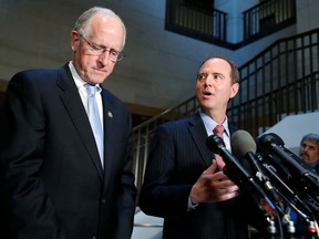 In this June 6, 2017, file photo Rep. Mike Conaway, R-Texas, left, a member of the House Intelligence Committee, and Rep. Adam Schiff, D-Calif., ranking member of the House Intelligence Committee speak after a closed meeting in Washington. (Alex Brandon/AP Photo/Files)