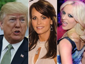 Federal agents who raided the office of President Donald Trump’s personal attorney were looking for information about payments to former Playboy playmate Karen McDougal, middle, and porn actress Stormy Daniels, right, two people familiar with the investigation told the Associated Press. (AP and Getty Images file photos)