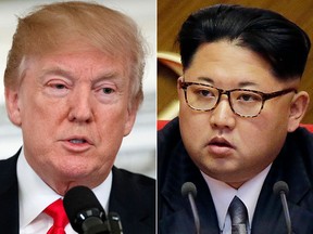 This combination of two file photos shows U.S. President Donald Trump, left, speaking in the State Dining Room of the White House, in Washington on Feb. 26, 2018, and North Korean leader Kim Jong Un attending in the party congress in Pyongyang, North Korea on May 9, 2016.  (AP Photo/Evan Vucci, Wong Maye-E, File)