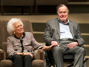 In this March 8, 2017, file photo, the Mensch International Foundation presented its annual Mensch Award to former U.S. President George H.W. Bush and former first lady Barbara Bush at an awards ceremony hosted by Congregation Beth Israel in Houston. A family spokesman said Tuesday, April 17, 2018, that former first lady Barbara Bush has died at the age of 92.