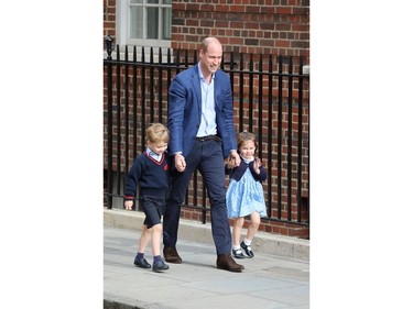 Princess Charlotte and Prince George arrives with Prince William at Lindo Ward.  Featuring: Prince William, Prince Charlotte, prince George Where: London, United Kingdom When: 23 Apr 2018 Credit: David Sims/WENN.com ORG XMIT: wenn34095966