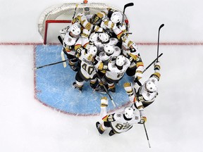 The Vegas Golden Knights celebrate a sweep of the Los Angeles Kings after a Game 4 victory at Staples Center on April 17, 2018