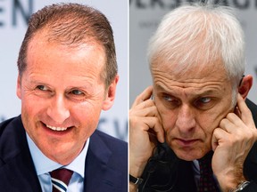 Volkswagen's supervisory board has named Herbert Diess (L) as new CEO on April 12, 2018 replacing Matthias Mueller (R). (JOHN MACDOUGALL/ODD ANDERSEN/AFP/Getty Images)