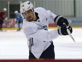 Jets forward Mark Scheifele shoots during Winnipeg Jets practice at Bell MTS Iceplex.