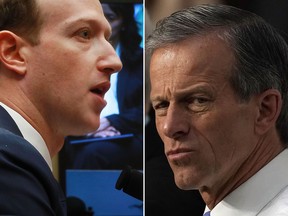 Facebook CEO Mark Zuckerberg testifies (left) before the U.S. House Energy and Commerce Committee in the Rayburn House Office Building on Capitol Hill April 11, 2018 in Washington, D.C.  Sen. John Thune (R) (R-SD) listens to the testimony on the previous day.  (Photo by Chip Somodevilla/Getty Images)