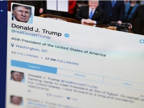 This April 3, 2017, photo shows President Donald Trump's tweeter feed on a computer screen in Washington.