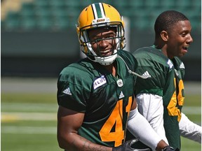 Defensive back Monshadrik 'Money' Hunter (41) during the Eskimos training camp at Commonwealth Stadium in Edmonton, May 22, 2018.