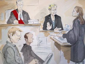 In this artist's sketch, Dellen Millard (left) appears in court in Toronto on May 31, 2018 for his judge-only trial for the murder of his father, Wayne Millard. (THE CANADIAN PRESS)
