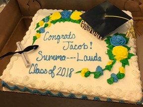 A graduation cake that was supposed to have the  inscription: “Congrats Jacob! Summa Cum Laude class of 2018" was censored by a grocery store. (Facebook)
