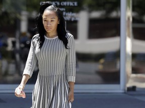 Elissa Ennis, former girlfriend of San Francisco 49ers linebacker Reuben Foster, walks out of Santa Clara County Superior Court after testifying in Foster's preliminary hearing, Thursday, May 17, 2018, in San Jose, Calif. Foster pleaded not guilty Tuesday, May 8, 2018, to charges stemming from allegations that he attacked Ennis in their home in February.