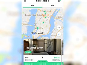 This screenshot from a smartphone shows an example of a page from Recharge, an app that offers hotel rooms by the minute. Recharge currently offers rooms in some 50 hotels in San Francisco and New York. Another digital service, Byhours, offers “microstays” at about 3,000 hotels worldwide, but only four are in the U.S., all in the New York area. (Recharge via AP)