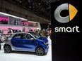 The stand of German carmaker Smart is photographied during the press day of the Geneva Car Show on March 3, 2015 in Geneva.