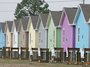 A row of newly constructed Habitat for Humanity homes in Upper Ninth Ward of New Orleans, Louisiana on August 23, 2006. (Justin Sullivan/Getty Images)