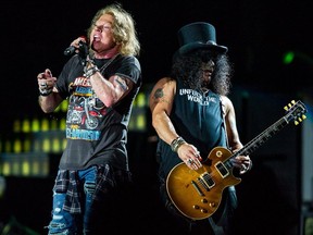 Axl Rose and Slash perform at the Guns 'N' Roses 'Not In This Lifetime' Tour at QSAC Stadium Brisbane on February 7, 2017 in Brisbane, Australia.  (Marc Grimwade/WireImage,)