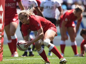 Julia Greenshields scores a try on day one of the HSBC Women's Rugby Sevens Kitakyushu Pool match between Canada and Fiji at Mikuni World Stadium Kitakyushu on April 21, 2018 in Kitakyushu, Fukuoka, Japan. (Matt Roberts/Getty Images)