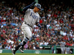 Carlos Gomez of the Tampa Bay Rays celebrates his home run against the Boston Red Sox in the seventh inning at Fenway Park on April 28, 2018 in Boston, Massachusetts. (Jim Rogash/Getty Images)