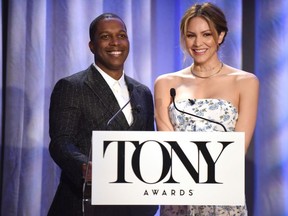 Actors Leslie Odom Jr. and Katharine McPhee speak onstage during the 2018 Tony Awards Nominations Announcement at The New York Public Library for the Performing Arts on May 1, 2018 in New York City.
