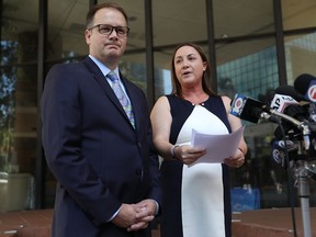 Ryan Petty and Lori Alhadeff speak to the media after turning in their paperwork to run for the Broward County School Board on May 15, 2018 in Fort Lauderdale, Florida. Ryan Petty's 14 year old daughter Alaina JoAnn Petty and Lori Alhadeff's 14 year old daughter Alyssa were killed during the mass shooting at Marjory Stoneman Douglas High School on February 14th. (Joe Raedle/Getty Images)