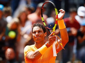 Rafael Nadal of Spain celebrates after defeating Fabio Fognini of Italy his Quarter Final match of The Internazionali BNL d'Italia 2018 at Foro Italico on May 18, 2018 in Rome, Italy. (Julian Finney/Getty Images)