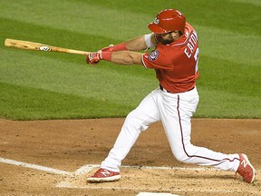 Adam Eaton of the Washington Nationals swings during a game against the New York Mets at Nationals Park on April 8, 2018 in Washington, DC.  (Mitchell Layton/Getty Images)